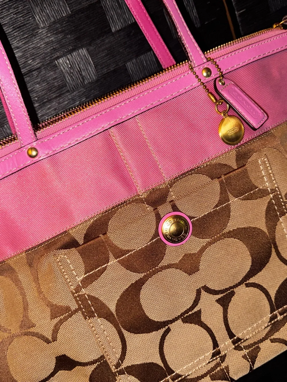 Authentic Coach Khaki and Pink Signature Stripe Tote Y2k